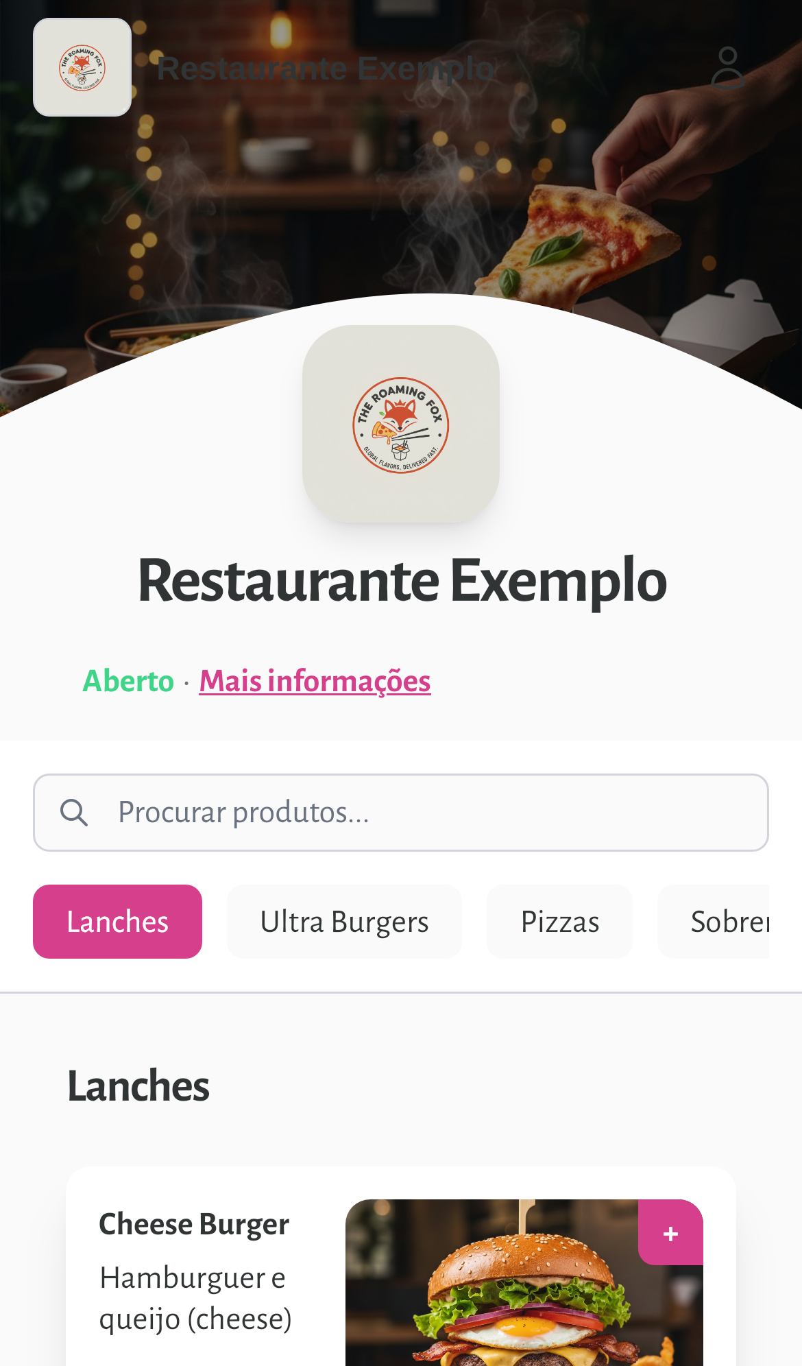 Cardápio digital Buscardapio aberto no celular, com banner do restaurante, categorias e produtos